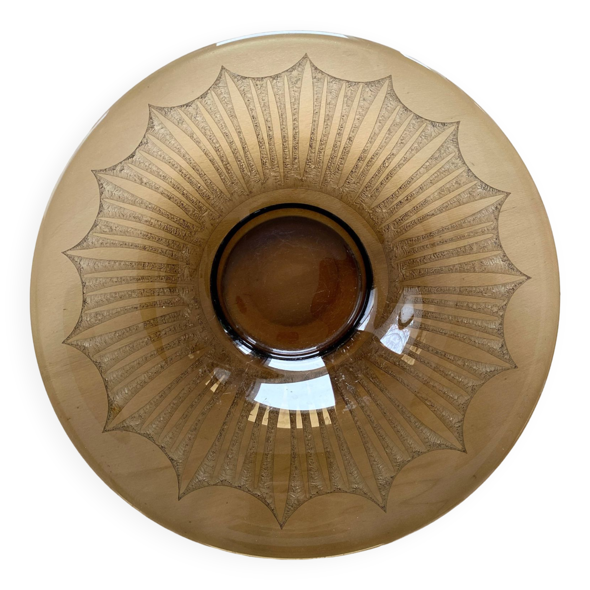 Old Verrex smoked glass fruit bowl, with a radius decoration cut into the glass
