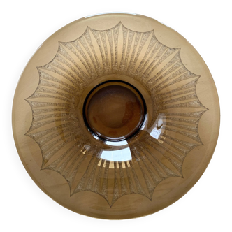 Old Verrex smoked glass fruit bowl, with a radius decoration cut into the glass