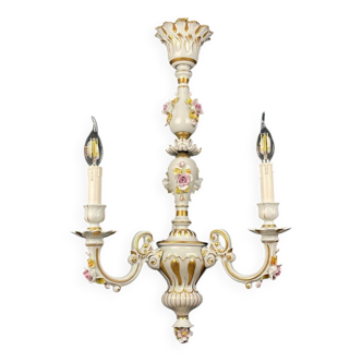 Vintage Capodimonte porcelain lustre with 3 arms, Italy, 1940s.
