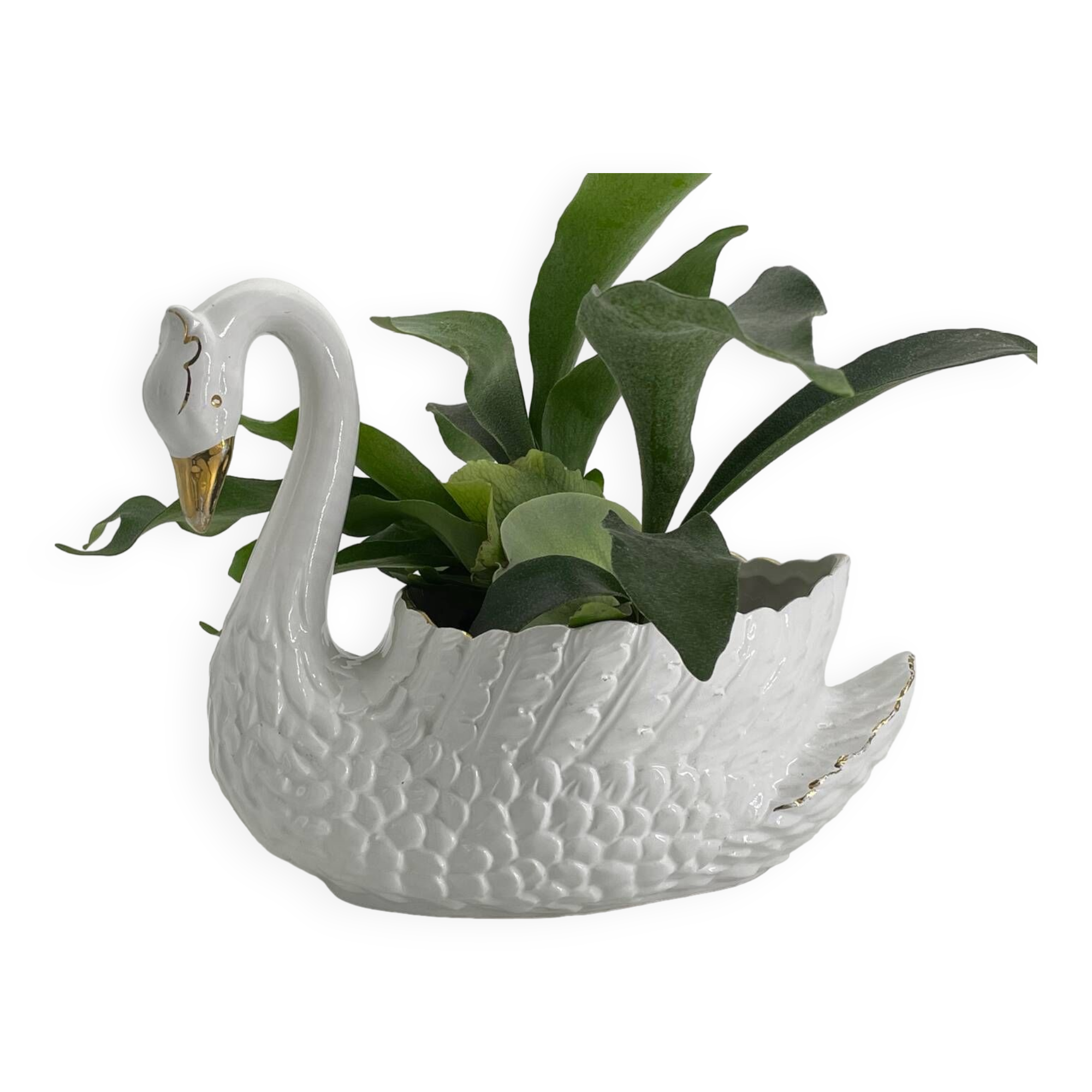 Vintage swan pot holder in white and gold ceramic