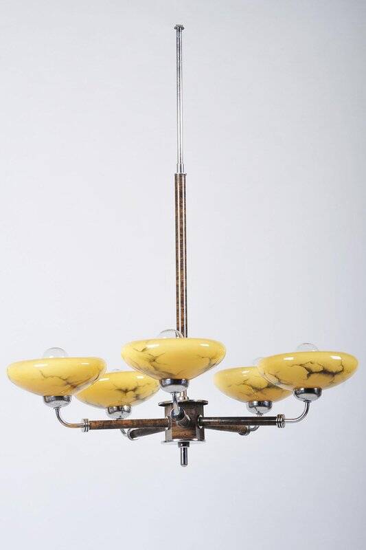 Art Deco Chandelier in Chrome and Beech, Czech, 1920s
