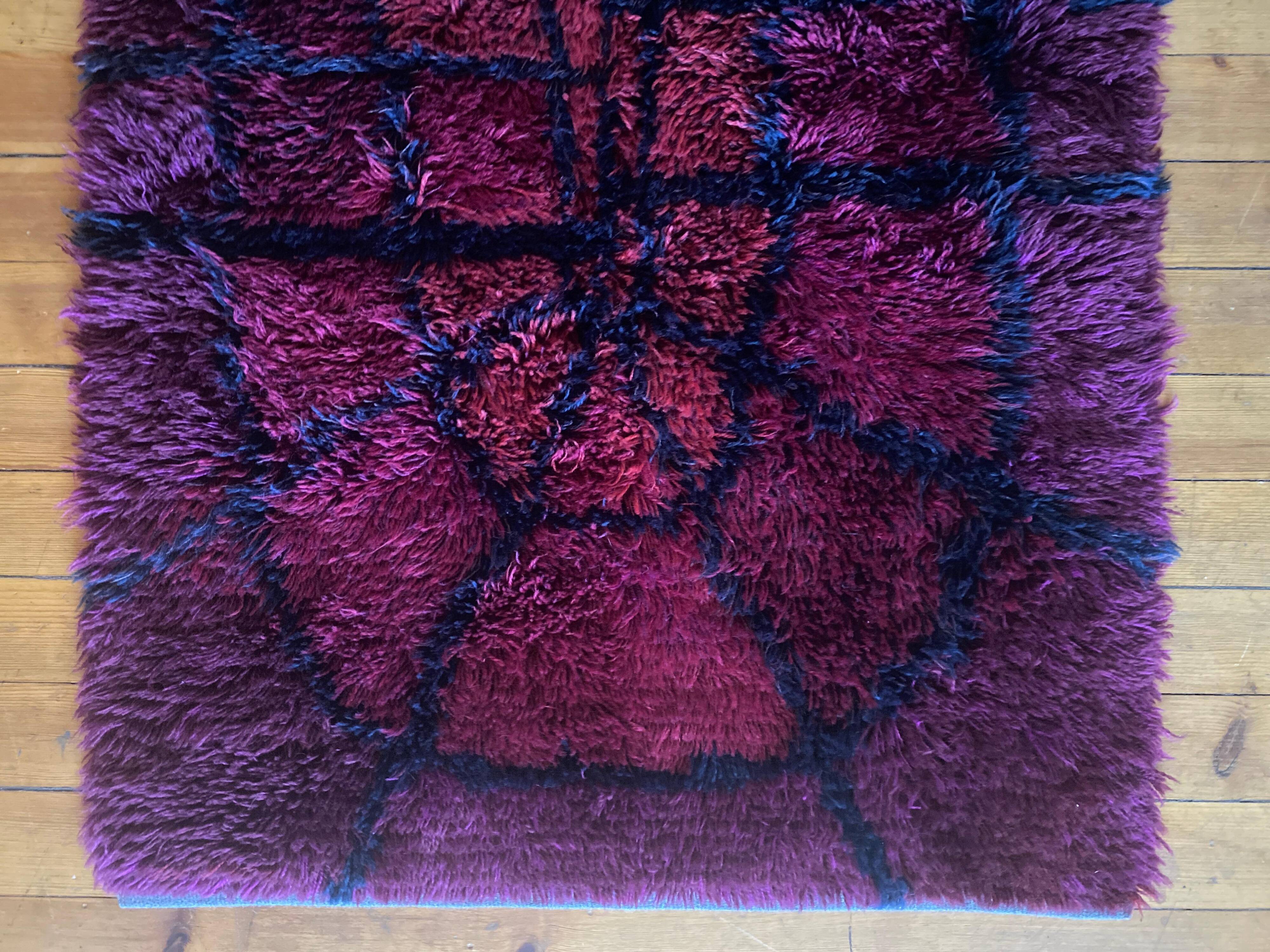 Mid-century Modern Bordeaux Red Rya Rug by Gull-Britt Johansson for NIAB, Sweden