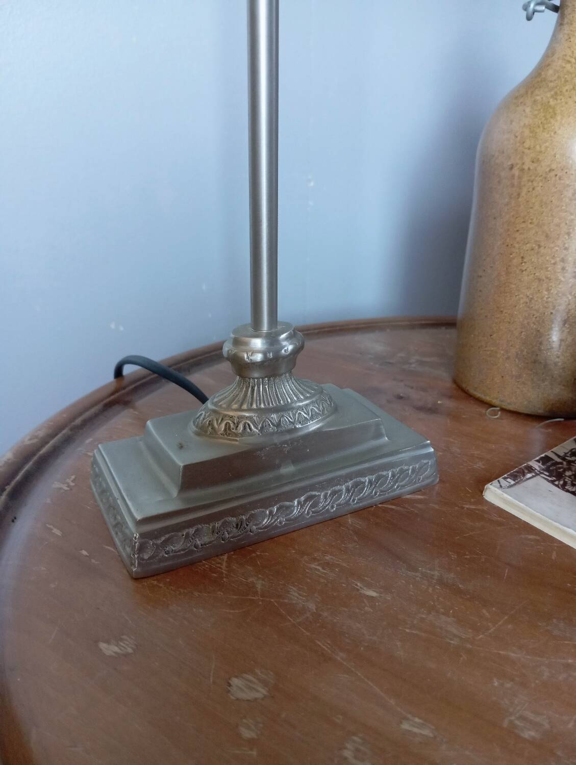 Silver metal living room lamp, cream shade, 1950s