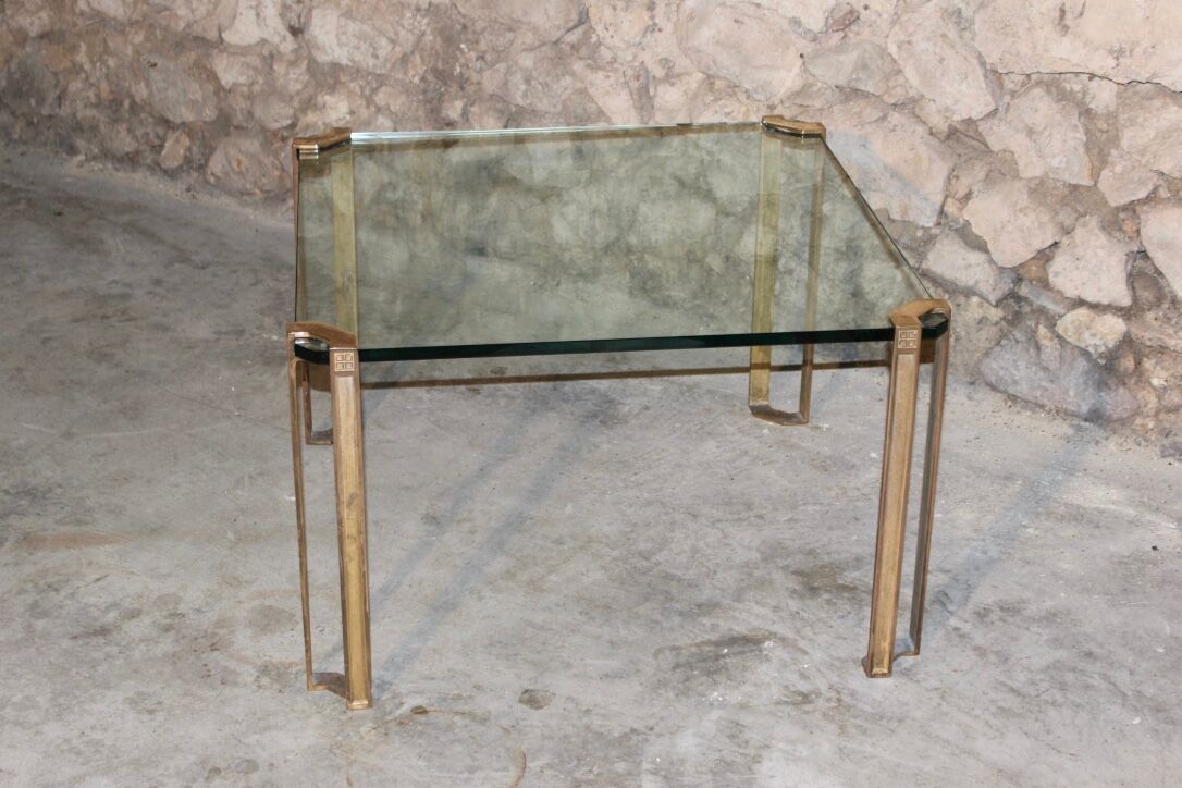 Vintage square coffee table in glass and brass by Peter Ghyzcy