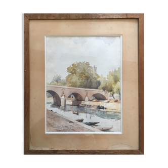 Tableau aquarelle Vue de Paris Pont Marie signée 1945