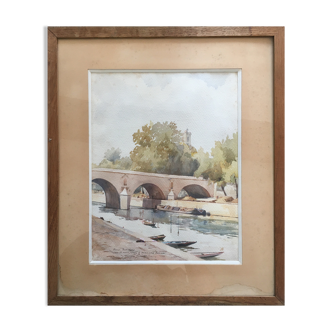 Watercolour painting Vue de Paris Pont Marie signed 1945