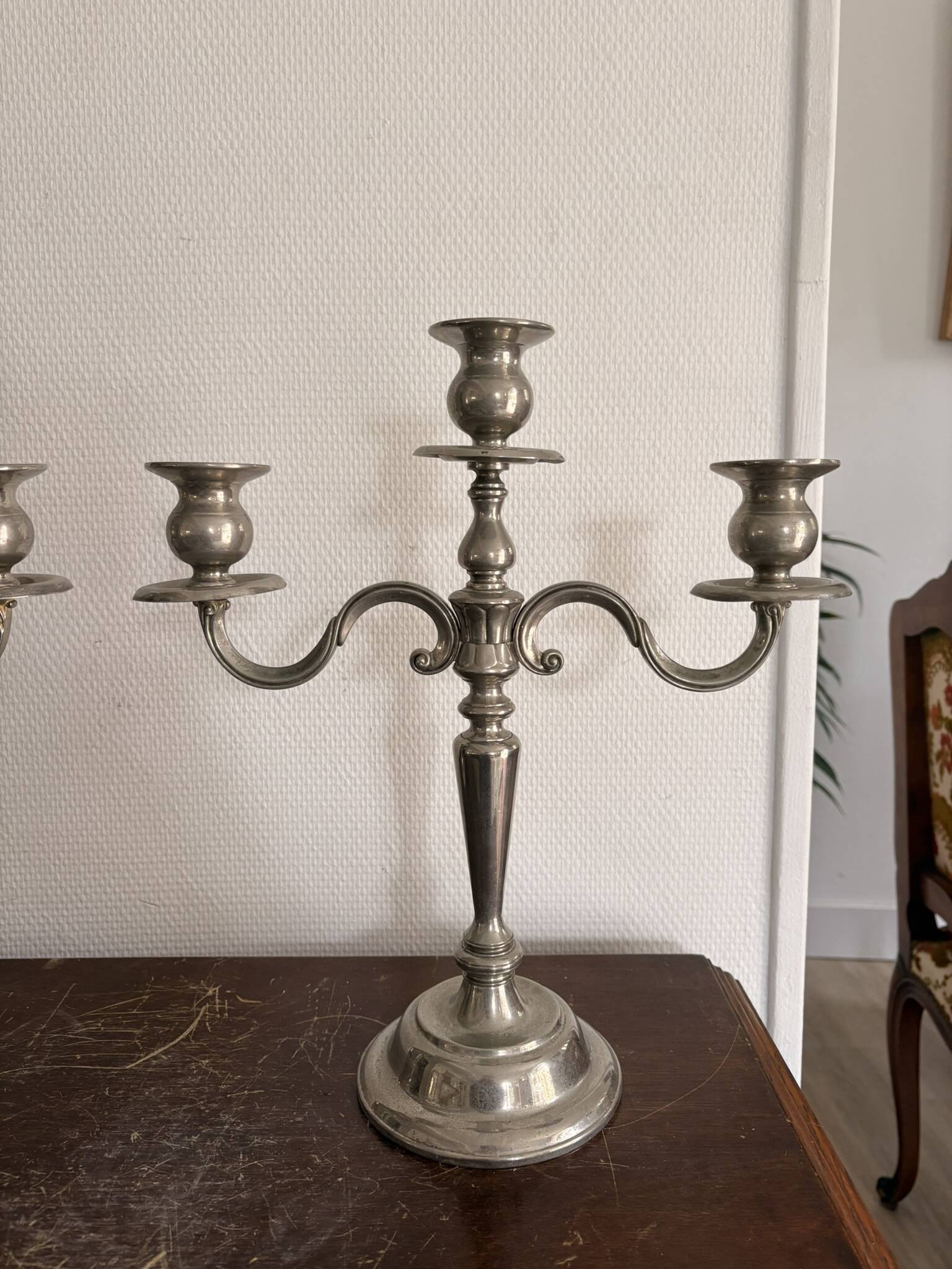Paire Candélabre 3 Feux Métal Style Louis XV 36cm Vintage
