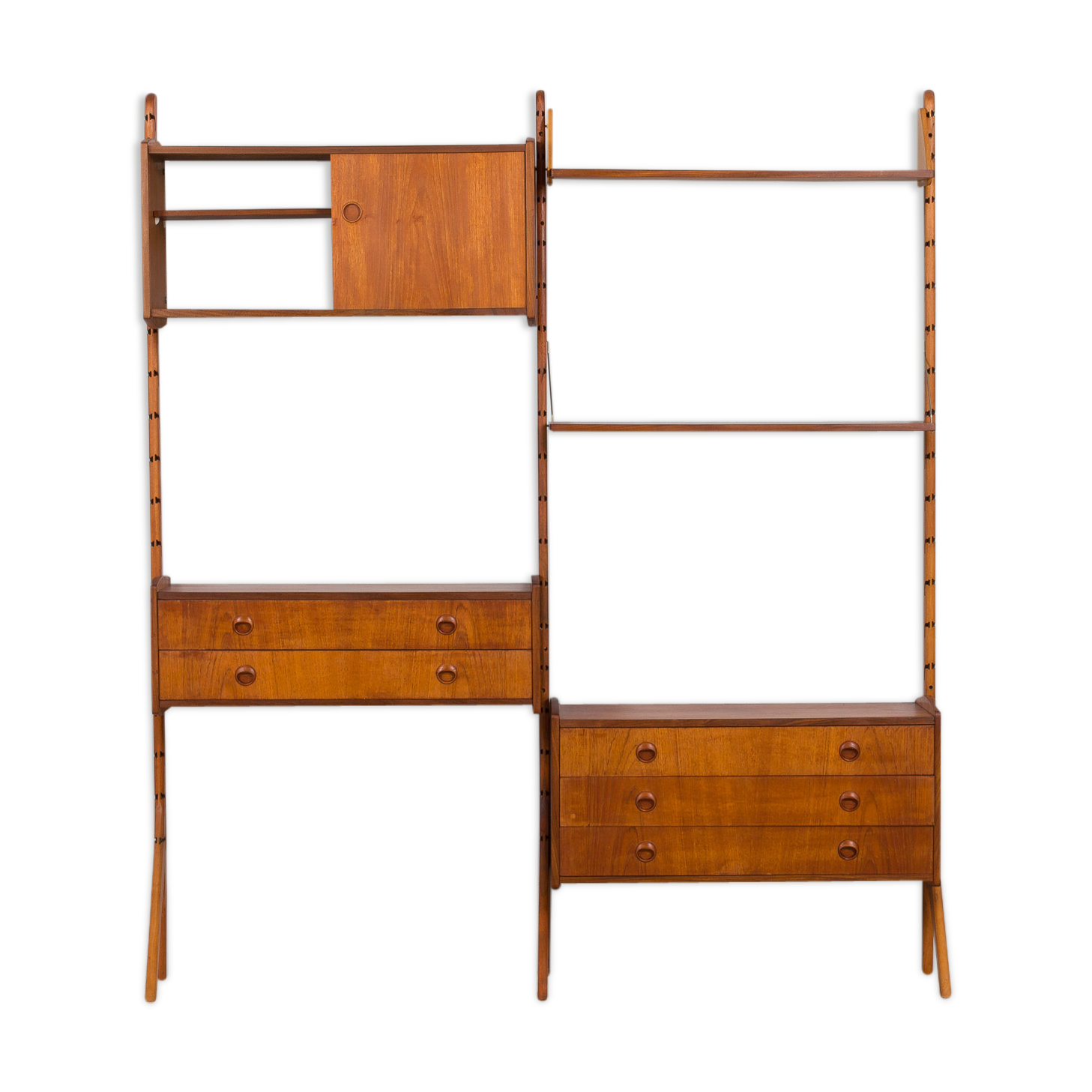 Teak 2-Bay Ergo Modular Wall Unit with double chest of drawers, a cabinet & 2 shelves by John Texmon