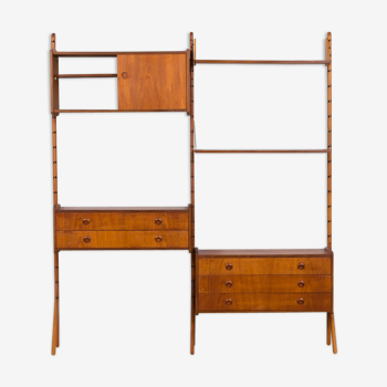 Teak 2-Bay Ergo Modular Wall Unit with double chest of drawers, a cabinet & 2 shelves by John Texmon