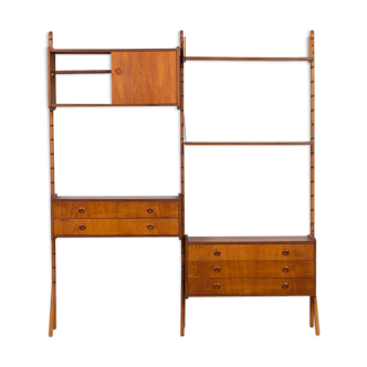 Teak 2-Bay Ergo Modular Wall Unit with double chest of drawers, a cabinet & 2 shelves by John Texmon