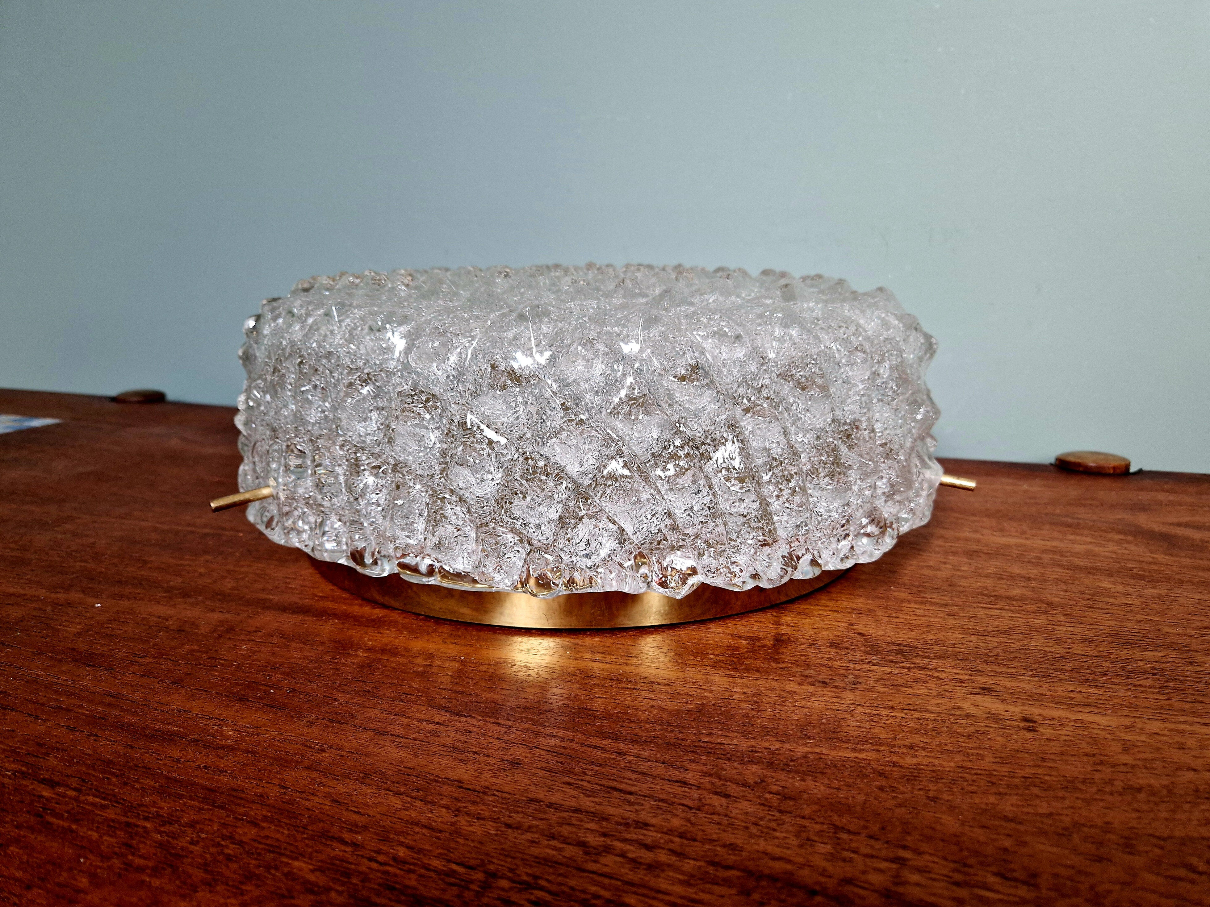 Large brass and frosted glass ceiling light, Hillebrand Lighting, 1970.