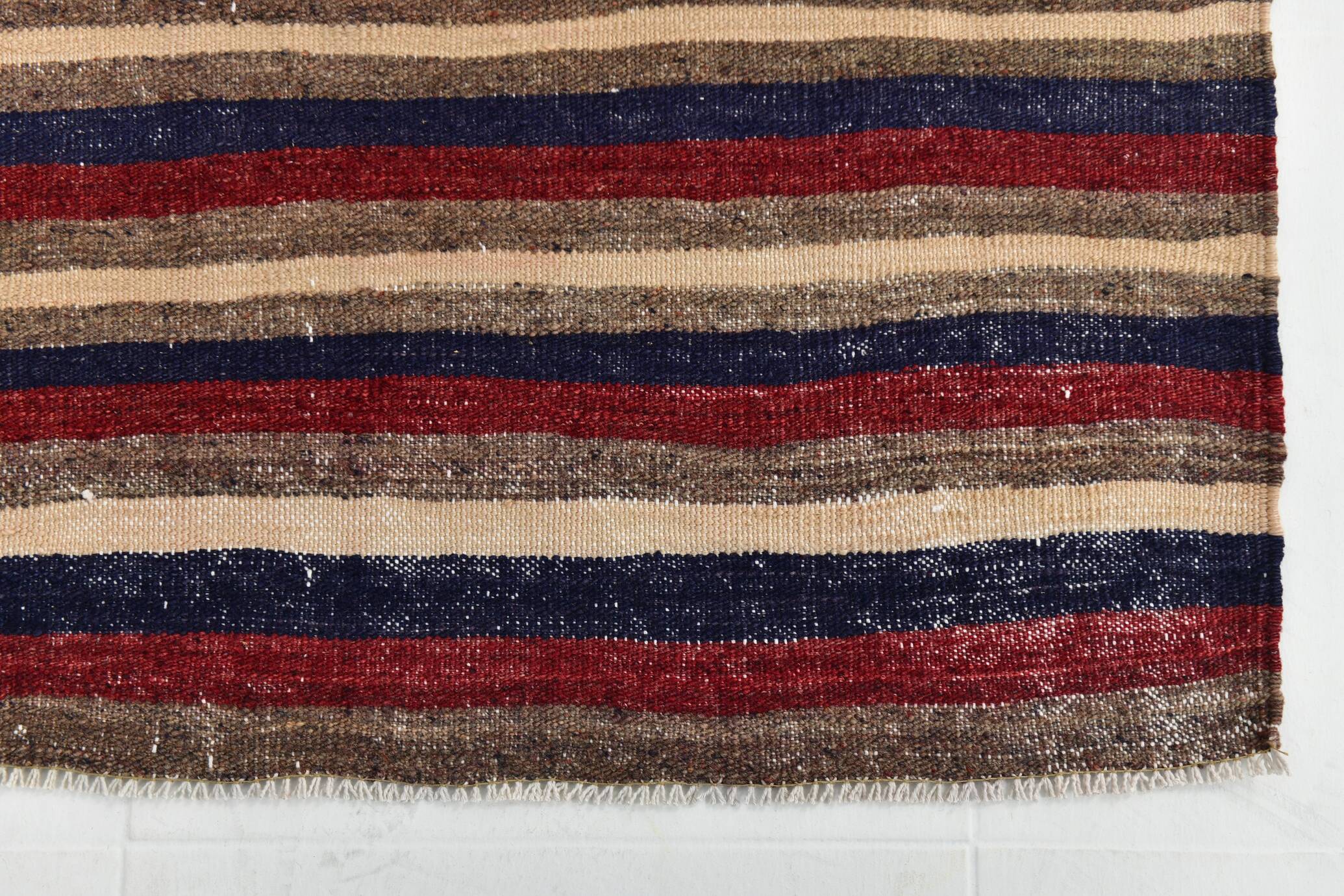4x9 Red & Navy Blue Pinstriped Pattern Turkish Kilim Rug, 136x284Cm