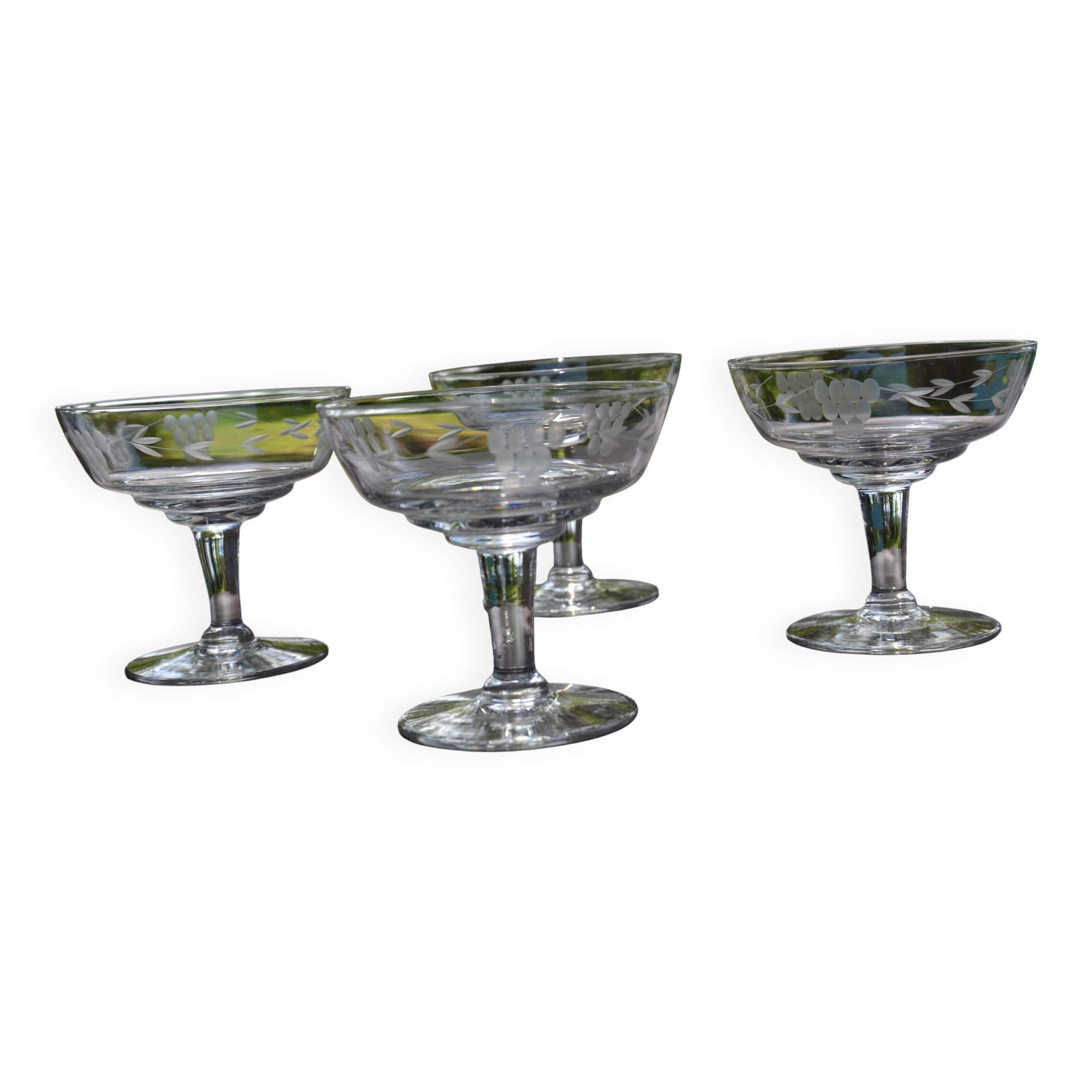 4 original antique champagne glasses in Belgian engraved glass