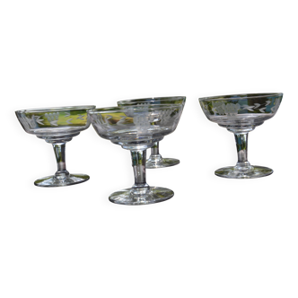 4 original antique champagne glasses in Belgian engraved glass