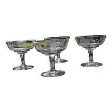 4 original antique champagne glasses in Belgian engraved glass