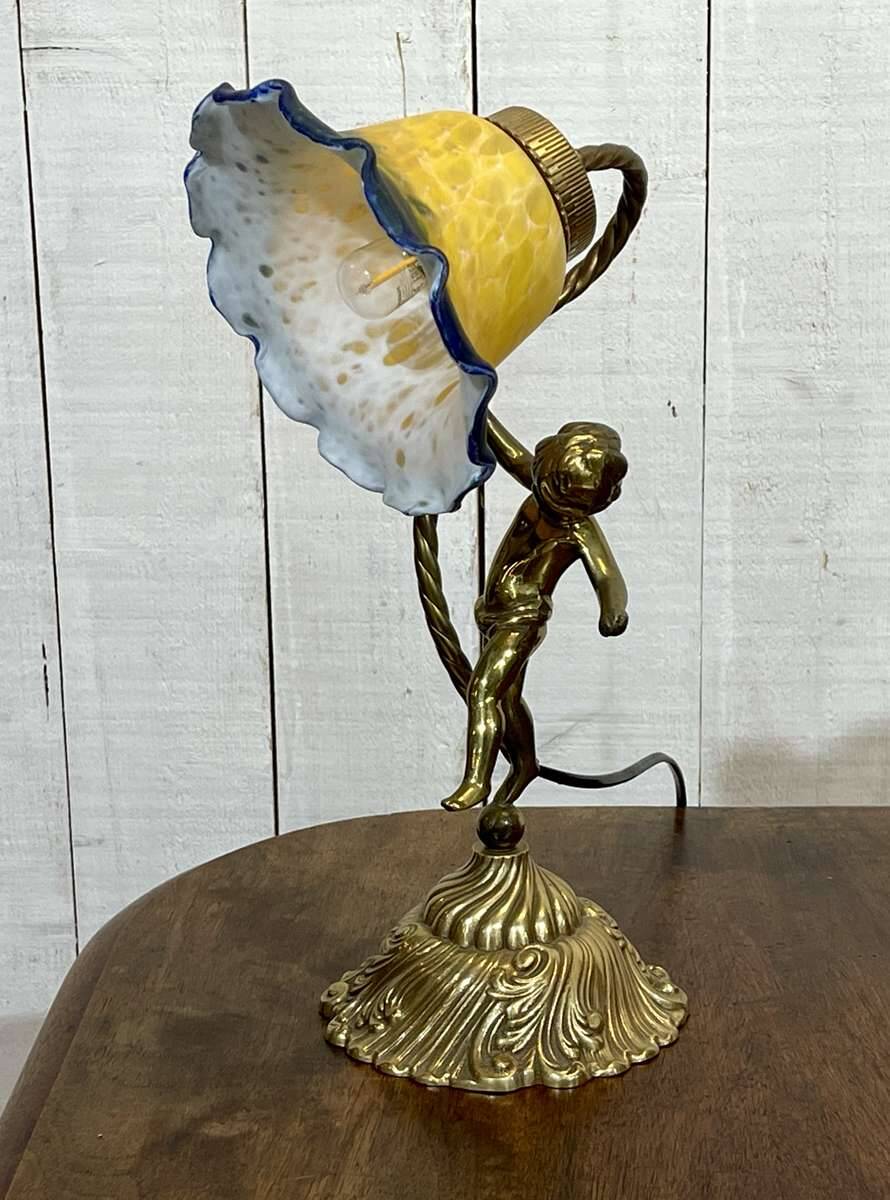 Bronze lamp with glass paste shade - work from the 1970s