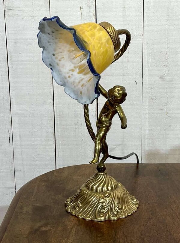 Lampe en bronze et tulipe en pâte de verre - travail des années 1970