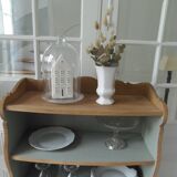 Small vintage bookcase, 5 fixed shelves, interior sublimated in verdigris, waxed finish.