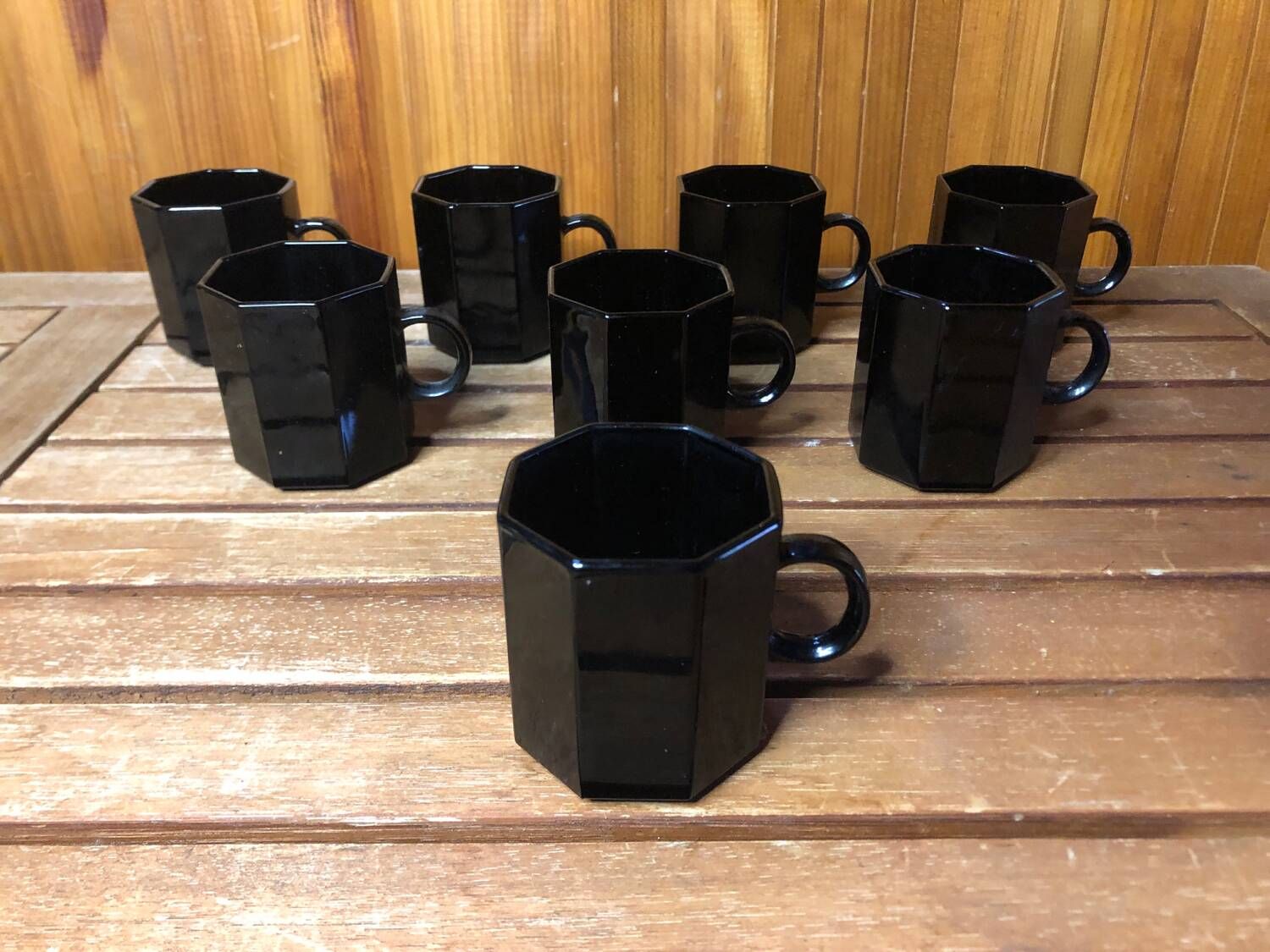 Series Of 8 ESSO Cups Black Ceramic Collection France Vintage