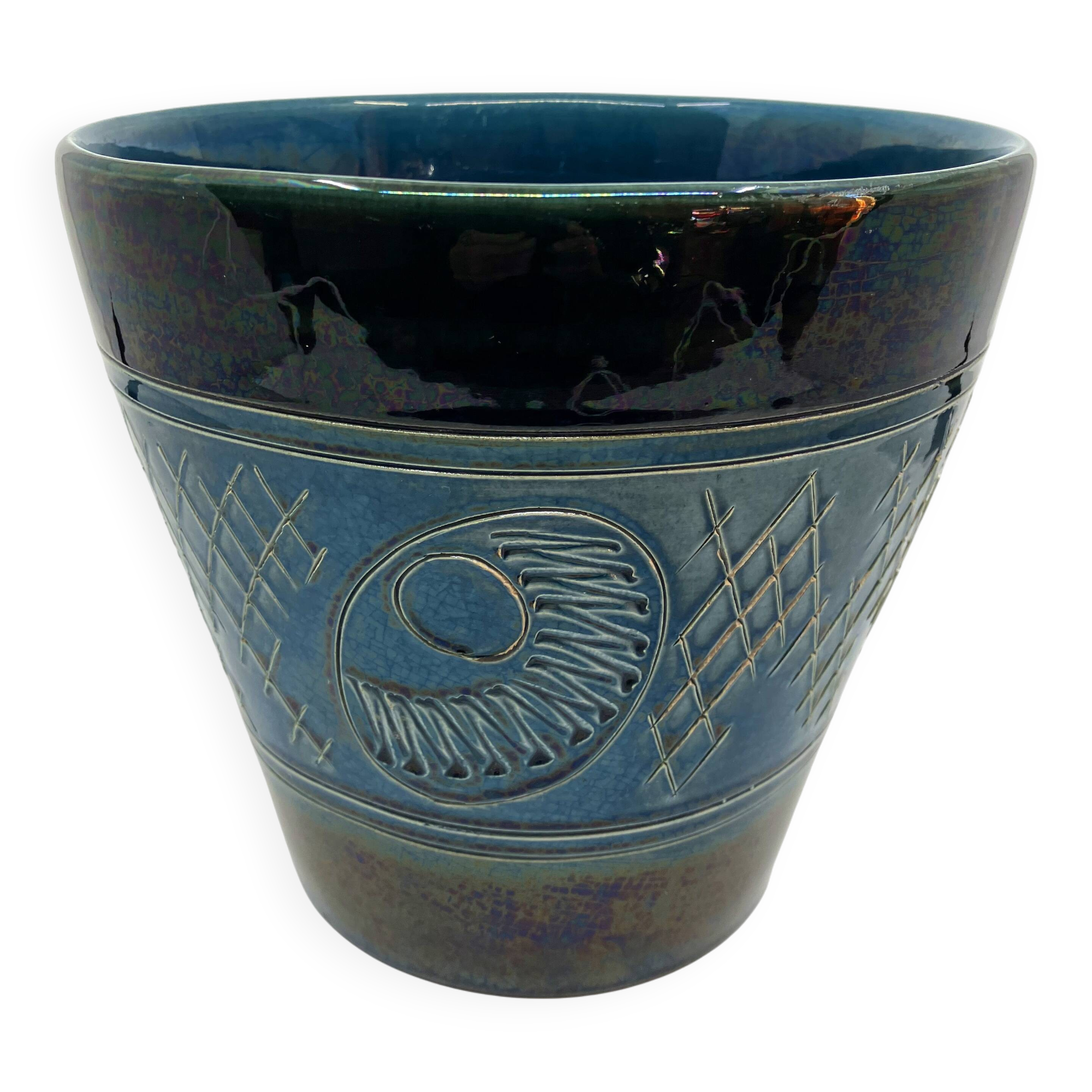 Large blue and green glazed ceramic planter • Ü Keramik • 1960-70