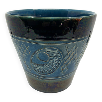 Grand cache-pot bleu et vert en céramique vernissée • Ü Keramik • 1960-70