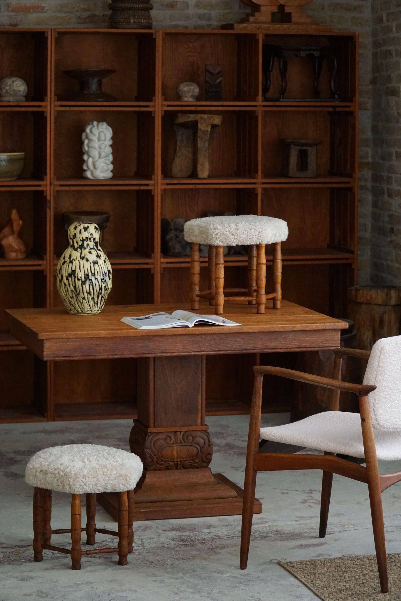 Modern Danish, a hexagonal oak stool, seat reupholstered in lambswool, 1950s.