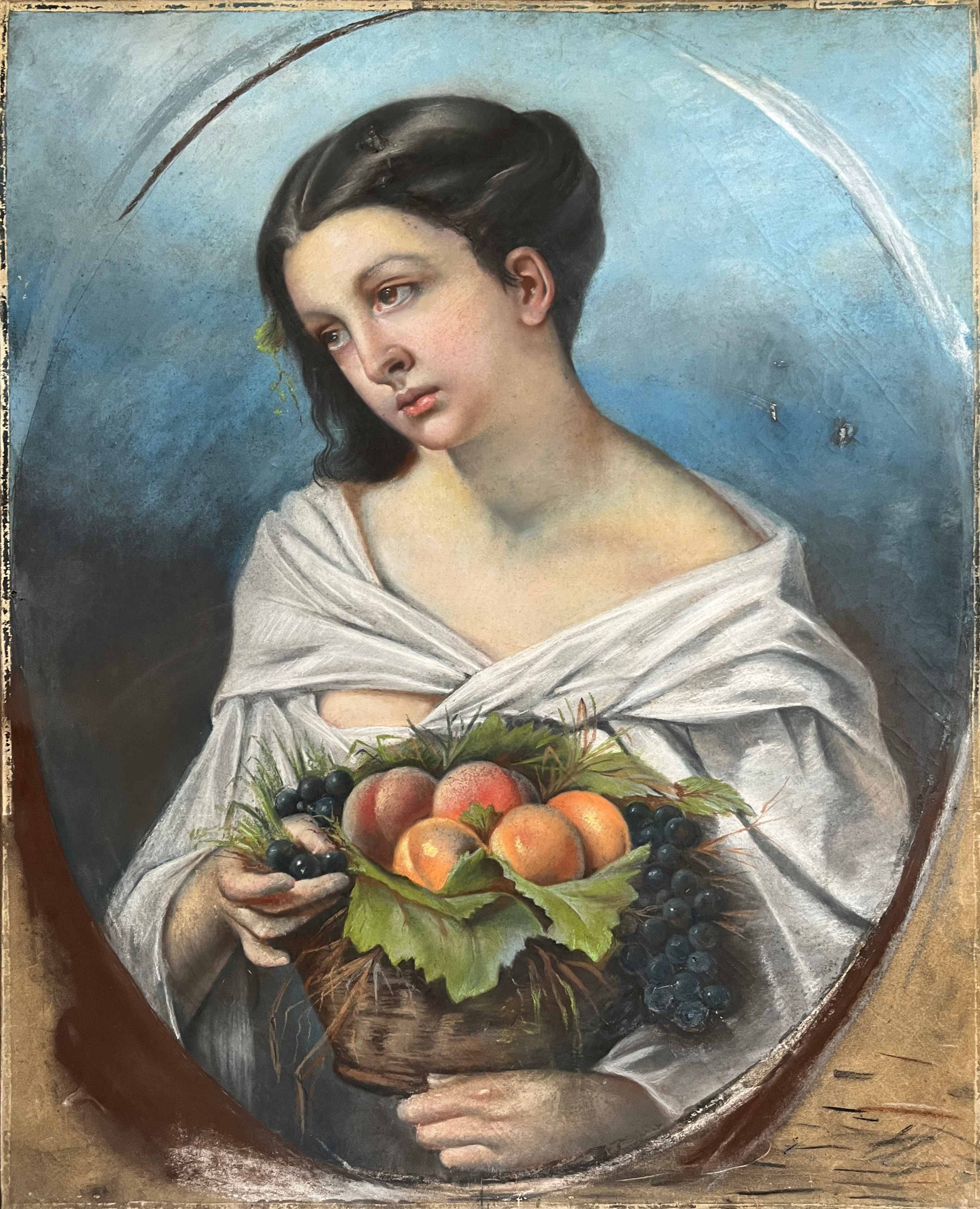 Tableau Pastel 1857 "Jeune fille aux fruits" par Mme Ganthenet