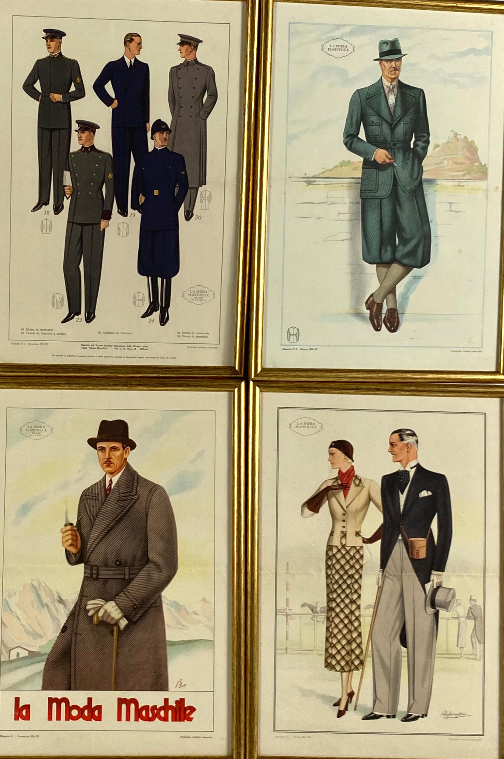'La Moda Maschile', Set of 6 framed original illustrations of men's fashion from the 30s, Italy 1930
