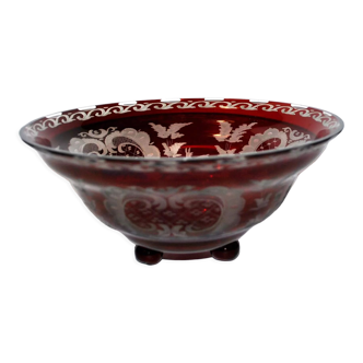 Red Bohemian crystal pocket cup, overlay lined glassware engraved on the wheel