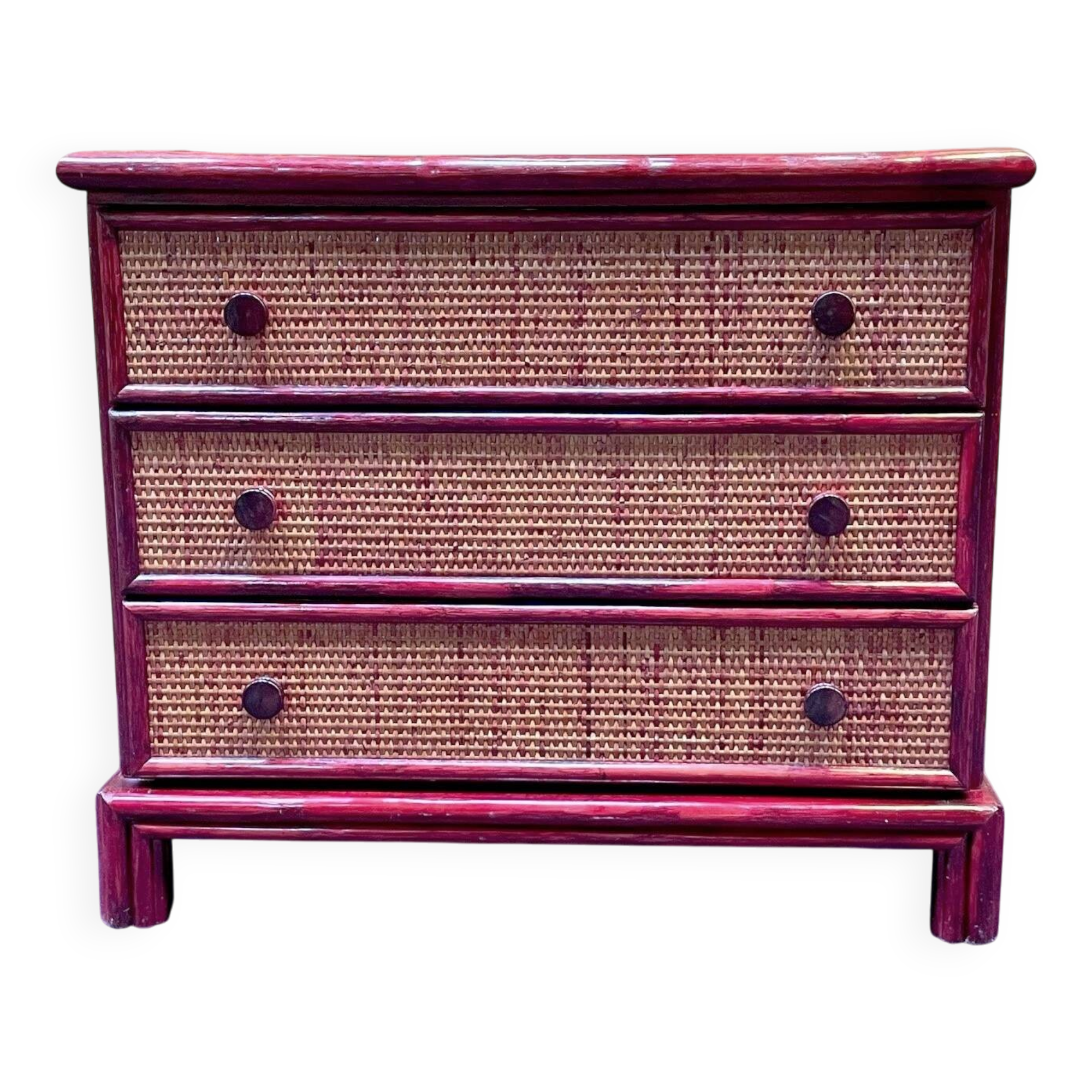 Wood and rattan commode Maugrion vintage 1980s