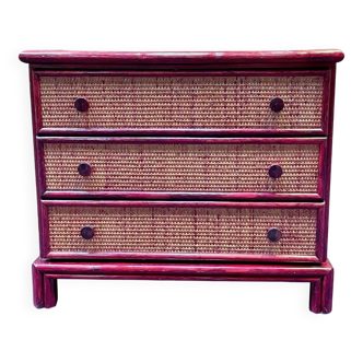 Wood and rattan commode Maugrion vintage 1980s