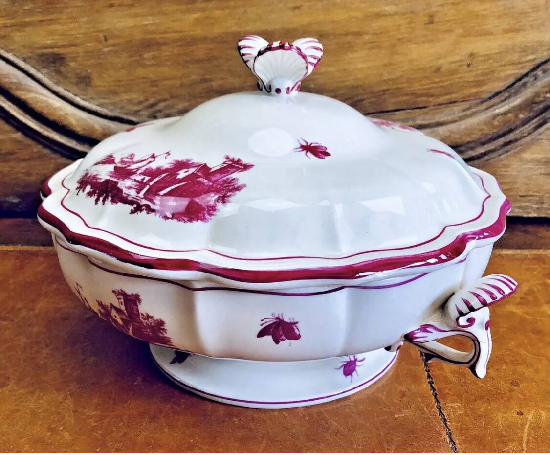 Old small Gien earthenware vegetable soup tureen, pink landscape model
