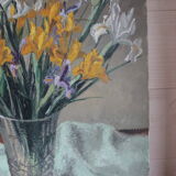 Oil painting on canvas bouquet of iris signed and side