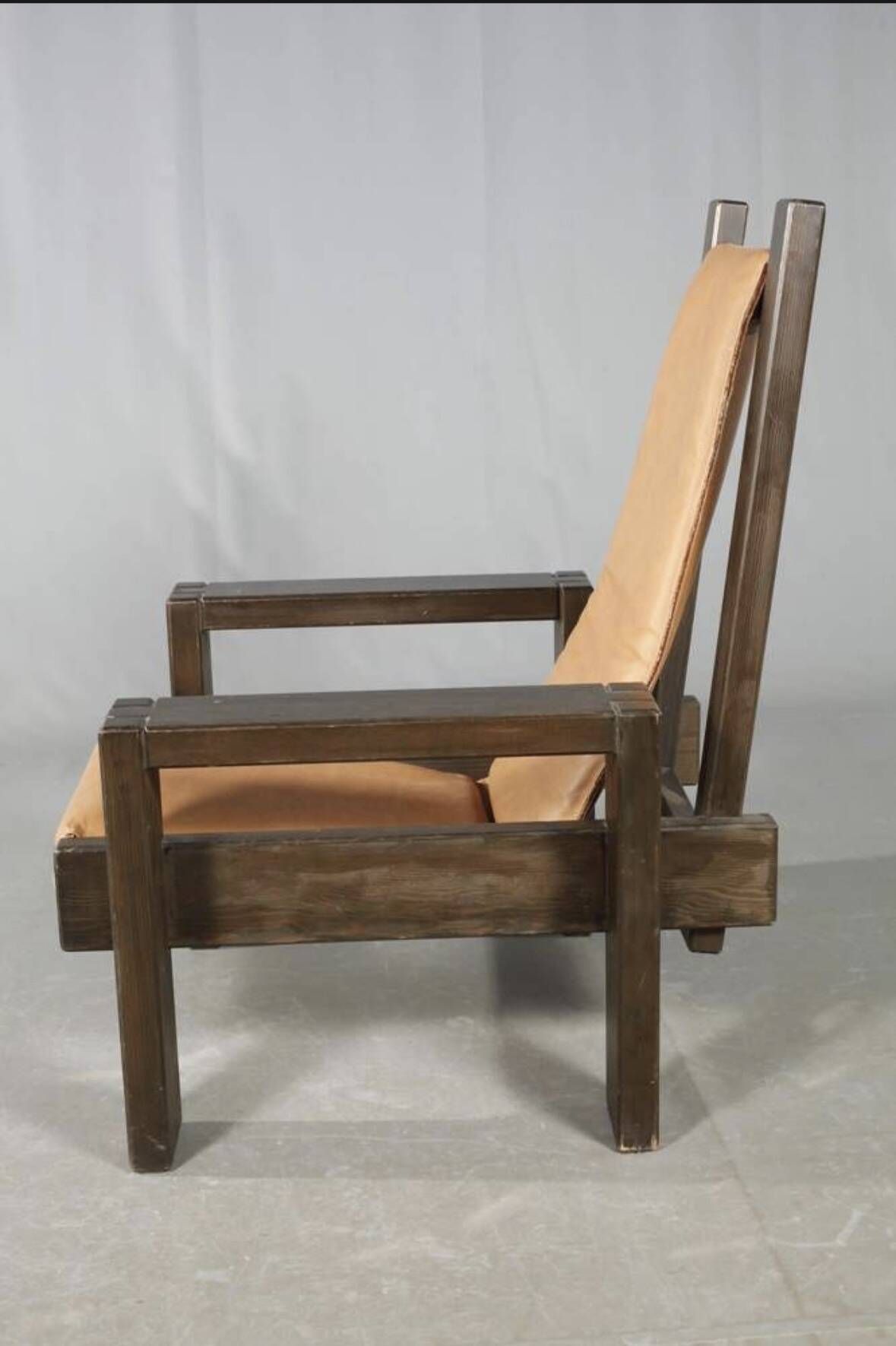 Brutalist Design Armchair Wood and Leather Vintage 1970s
