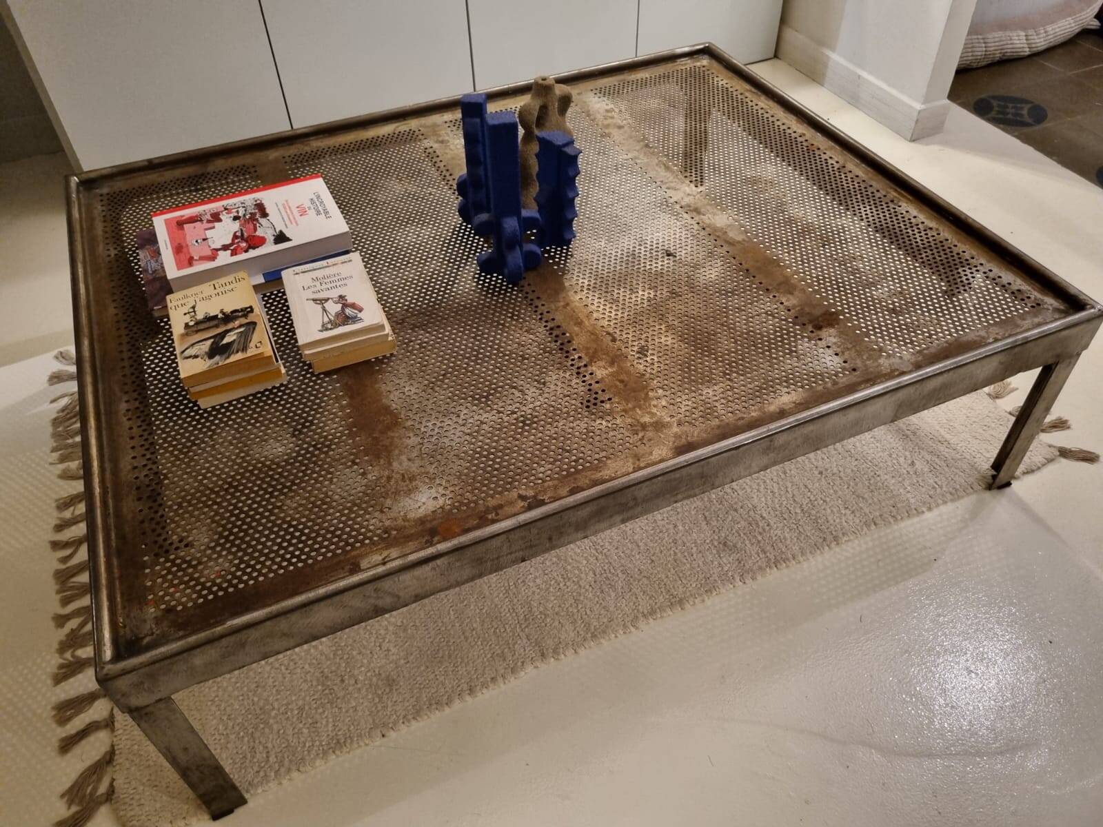 Industrial coffee table | Vintage perforated steel postal sorting table