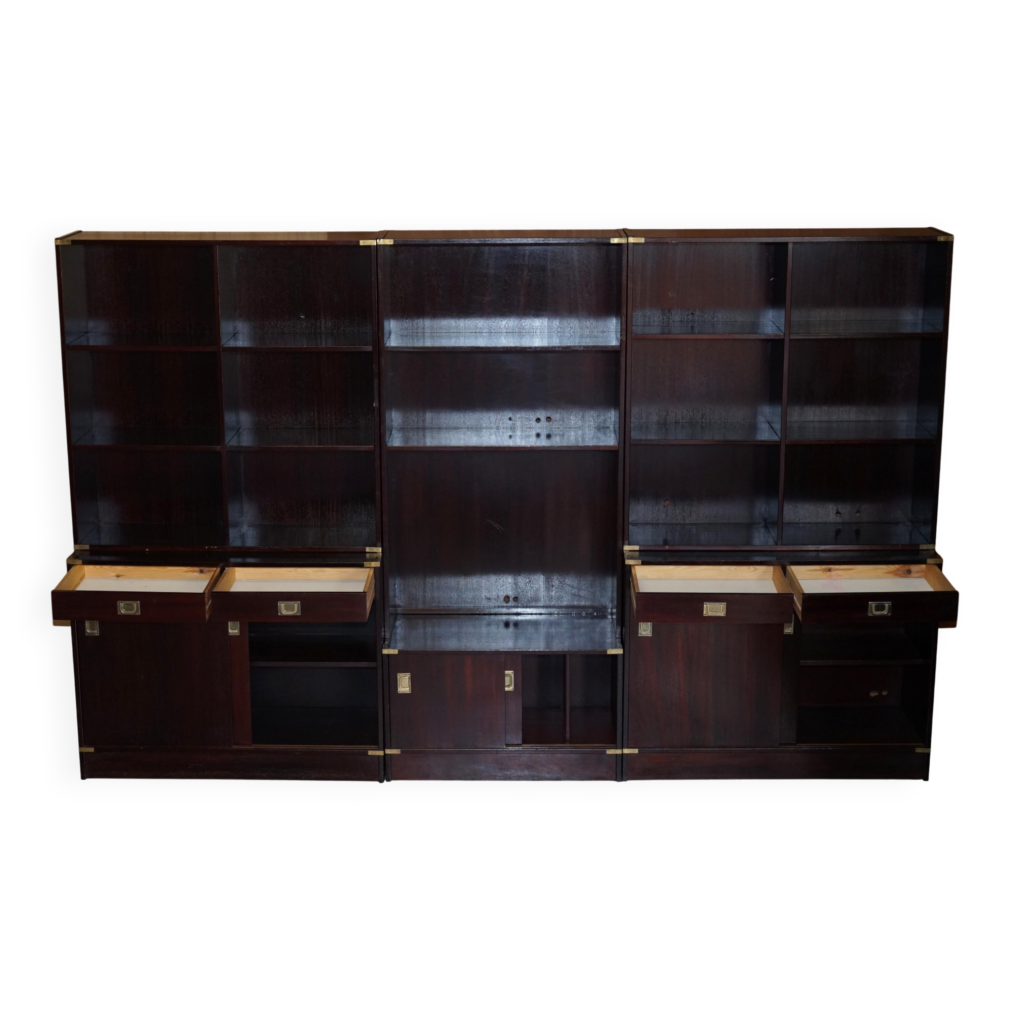 Three vintage style Military Campaign bookshelves, mahogany finish.
