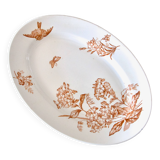 Grand plat ovale XIXe Longwy terre de fer sépia "Botanique" oiseau