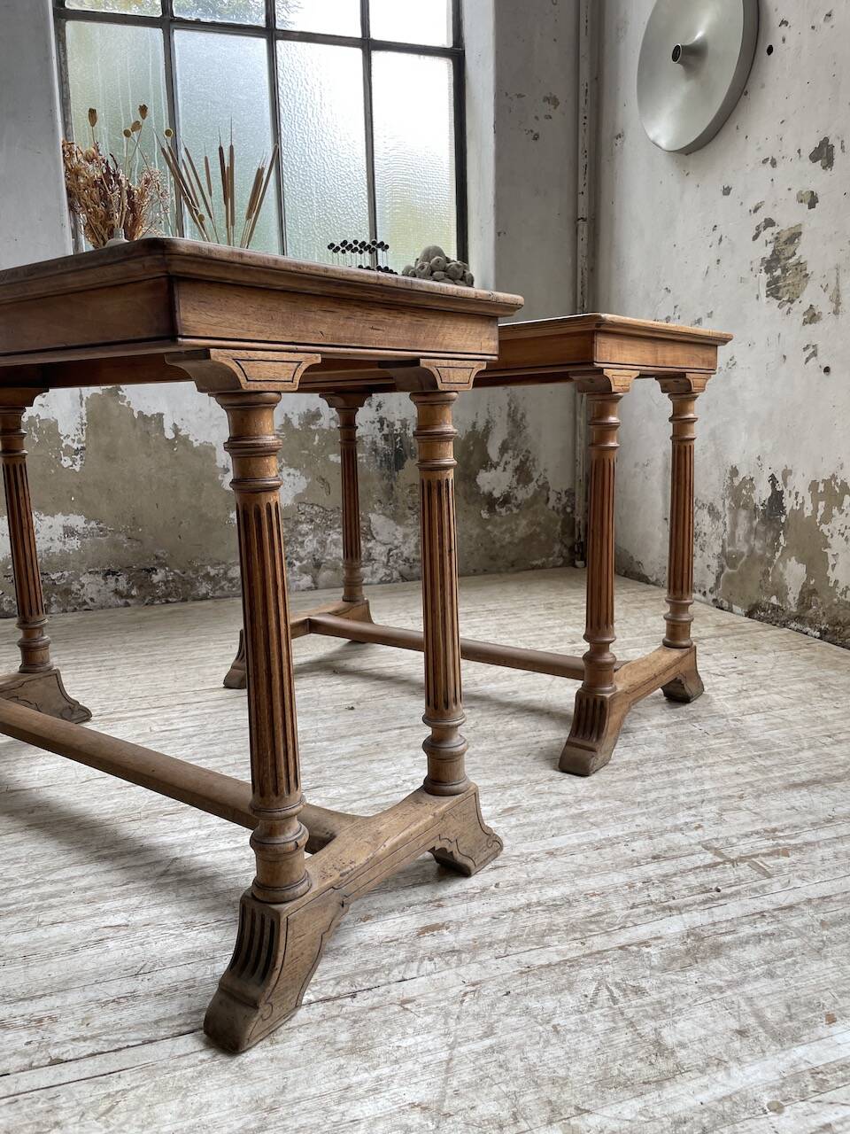 Set of two bistro tables in walnut and tiling from 1890.