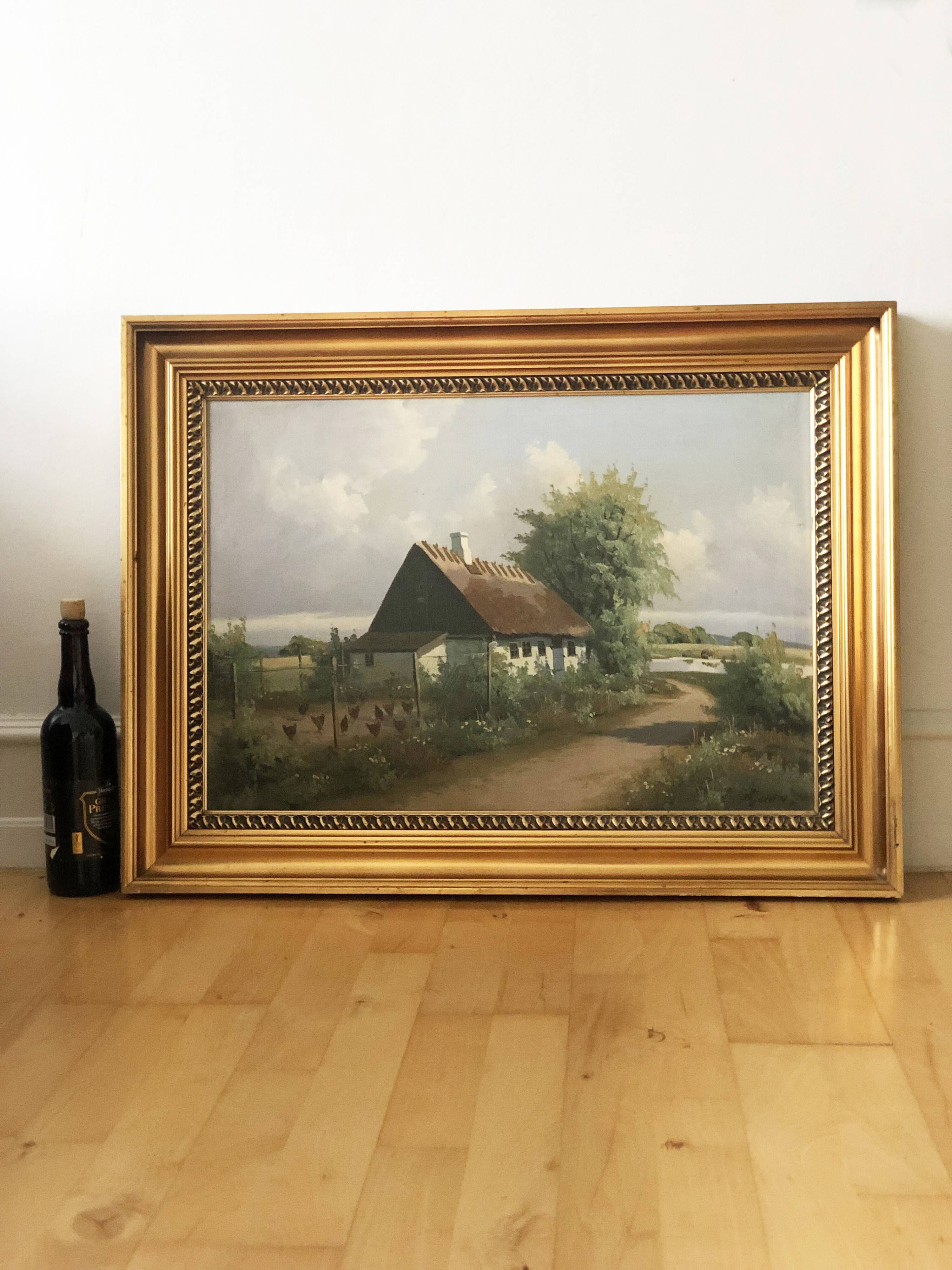 Large Vintage Countryside Cottage Original Oil Painting,circa 1940