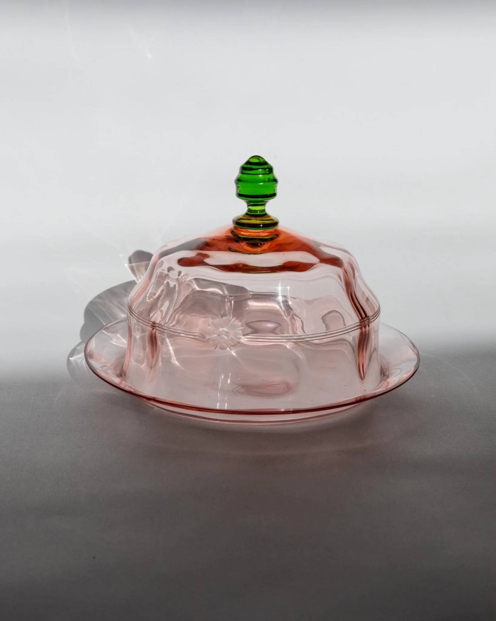Pink Glass Cloche with Green Finial on Plate – 1930s Italian Vintage Glass Tableware