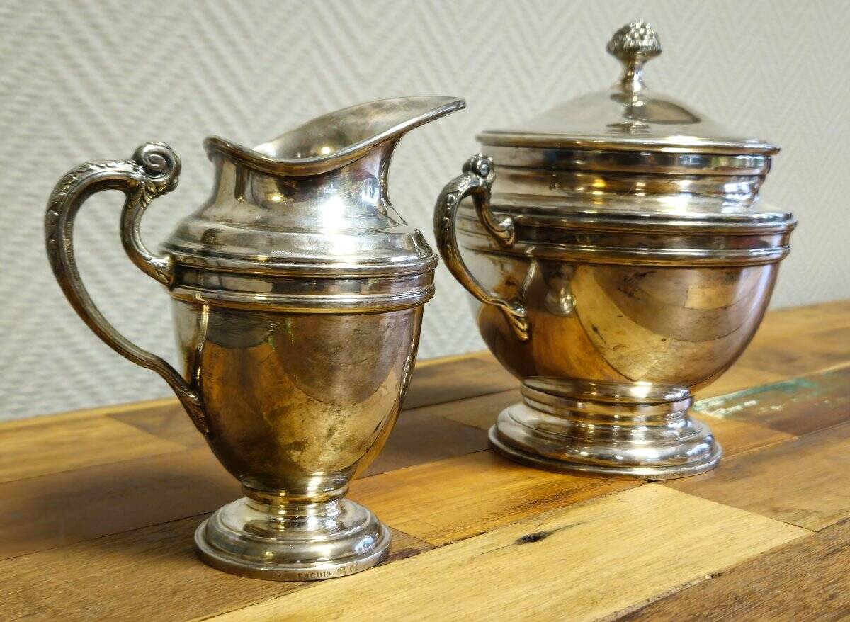 Service sucrier et pot à lait ancien en métal argenté – Style Empire / Louis XVI