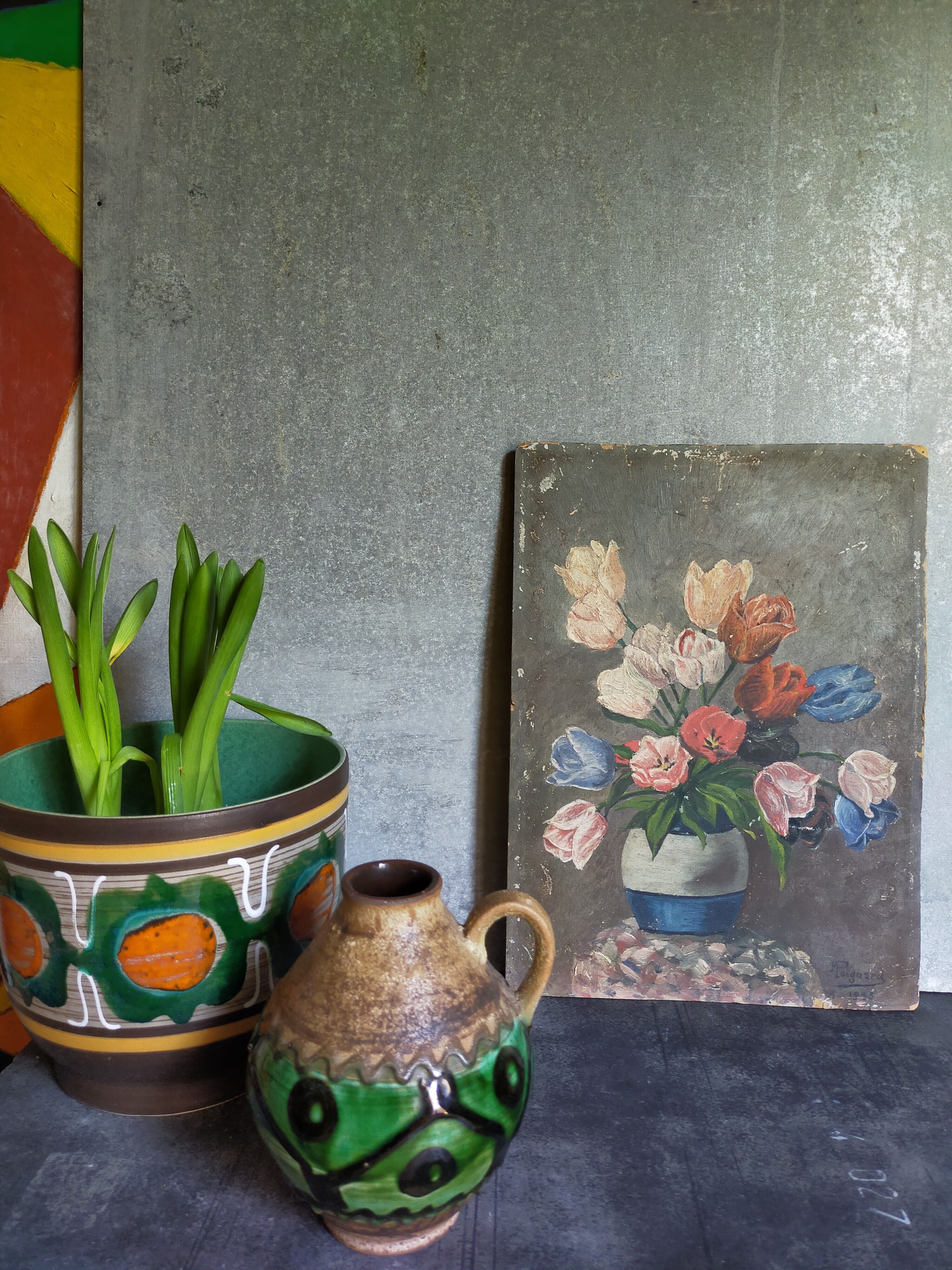 Table oil on cardboard the tulips hatched 30s