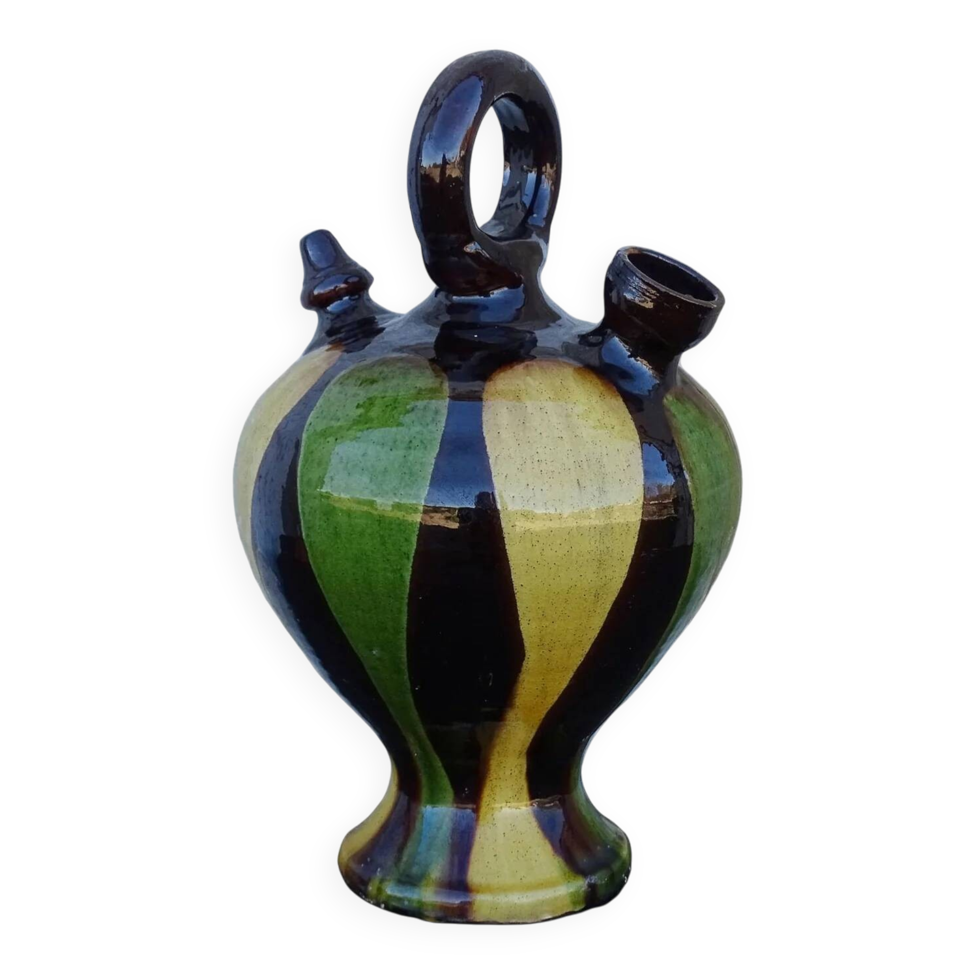 Pichet ou gargoulette ancienne française à glace verte et jaune