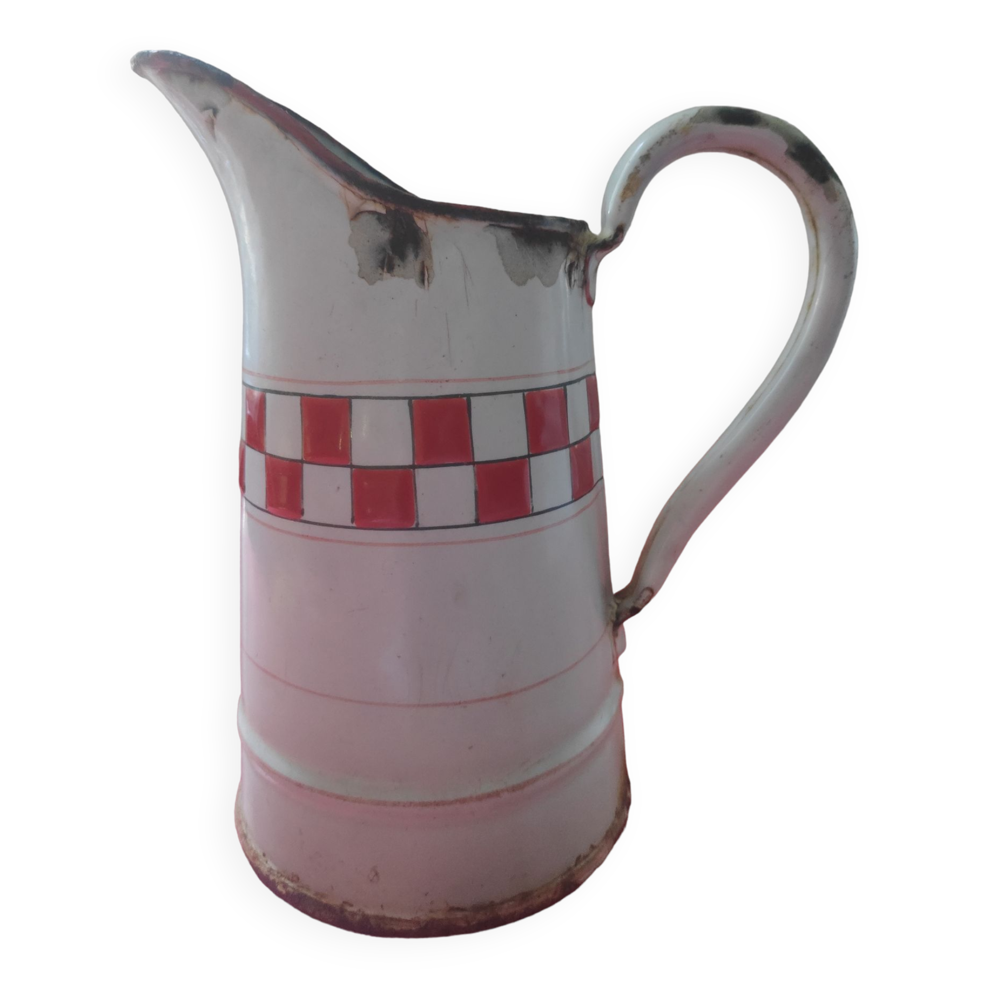 Enamelled sheet metal pitcher Lustucru décor