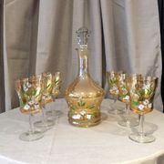 Service of 6 glasses and 1 carafe painted glass and enamel decorated with small flowers