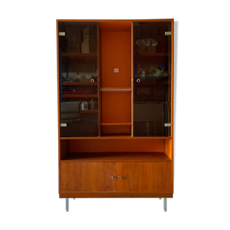 Bibliothèque vitrine année 70 bois massif et formica orange