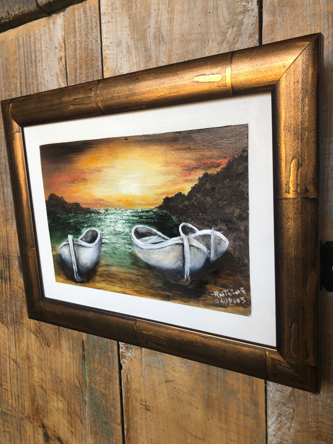 Painting oil antoine barques seaside + gilded wood frame #a220