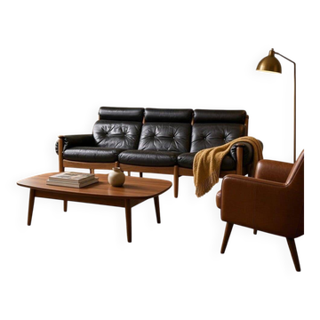 Fauteuil/canapé/salon vintage en cuir noir Eric Merthen