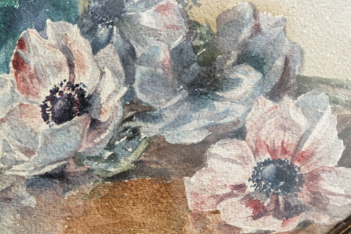 Still life, Watercolor with anemones, signed, oval frame