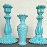 Pair of opaline candlesticks and its vase